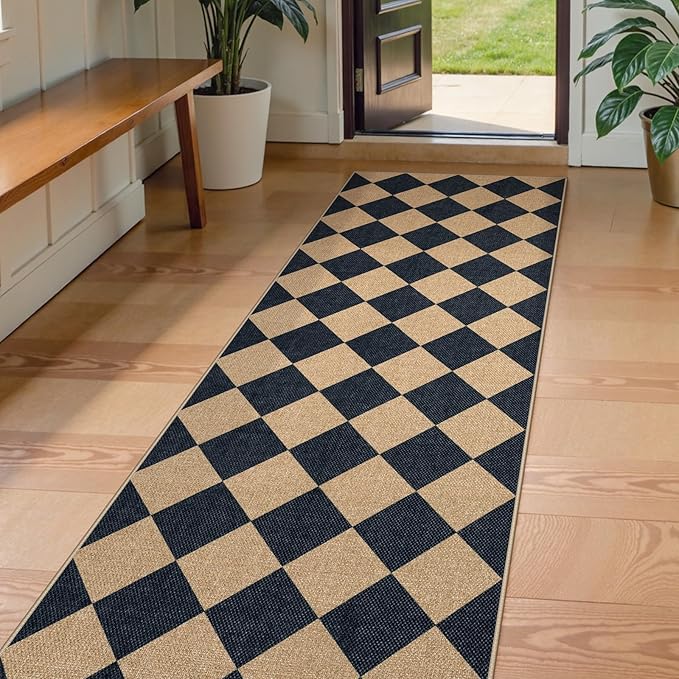 Lahome Checkered Easy Jute Runner Rug, 2x8 Hallway Kitchen Runner Rug Non Slip Washable Outdoor Carpet for Entryway Indoor, Checkerboard Black Indoor Outdoor Carpet for Hallway 8ft Entry-Ruum Studio Home