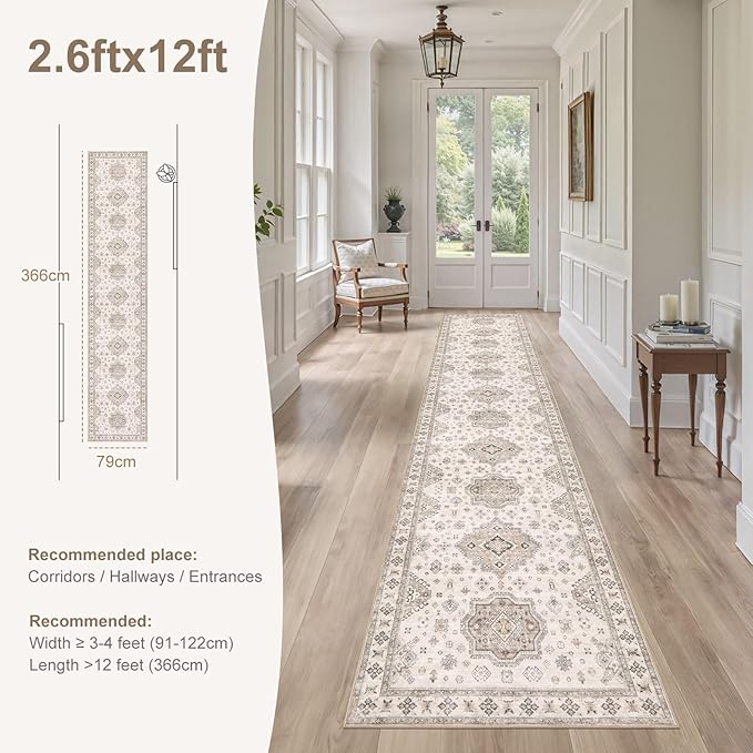 Washable 2.6x12 Runner Rug - Area Rugs Neutral Vintage Distressed Floral Farmhouse Boho Large Soft Floor Rug Indoor Carpet for Hallway Entryway Kitchen Home - Beige Brown-Ruum Studio Home