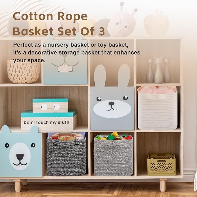 Storage Basket for Organizing, Woven Baskets for Storage, Rectangle Decorative Baskets for Shleves, Closet, Toys, Books, Nursery Organizer Bins - Pack of 3 (White)-Ruum Studio Home