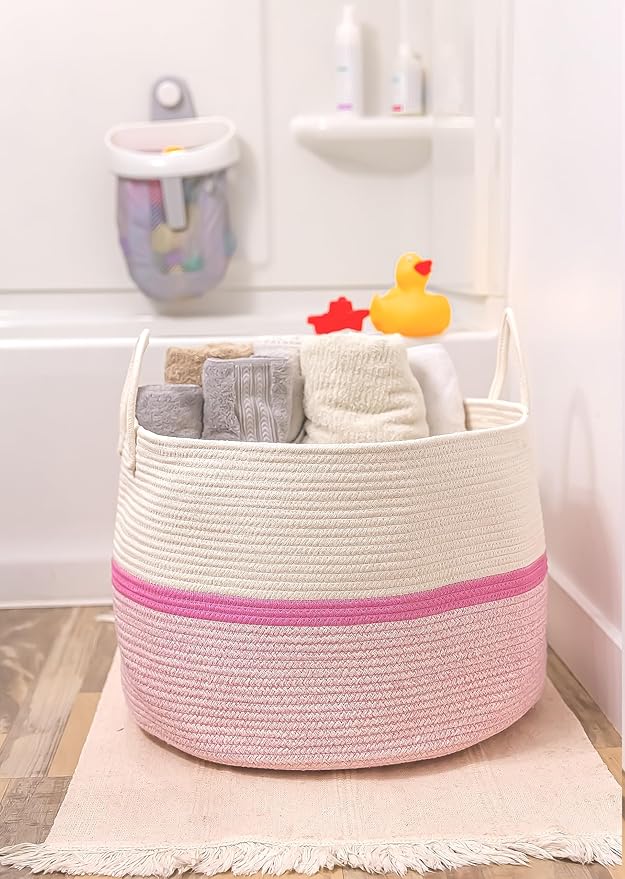 OrganiHaus Boho Woven Basket for Blankets and Laundry, Decorative Large Storage Bin for Living Room, Nursery Basket for Toys & Clothes, Soft Cotton Rope with Handles 20x13 inches - Striped Pink-Ruum Studio Home