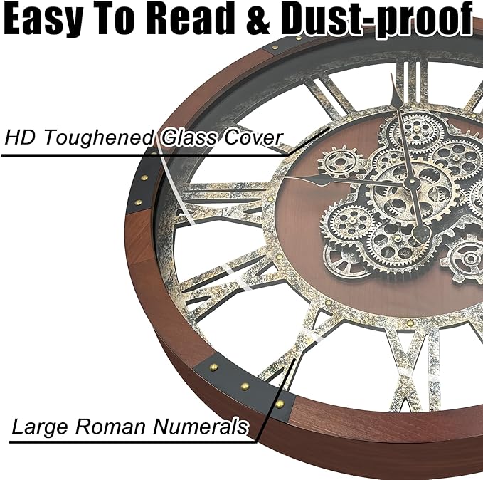 Large Wall Clock for Living Room Decor, 27 Inches Oversized Vintage Wood Decorative Steampunk Farmhouse Wall Clock for Rustic, Retro, Industrial,Kitchen,Office,Working Gears-Ruum Studio Home