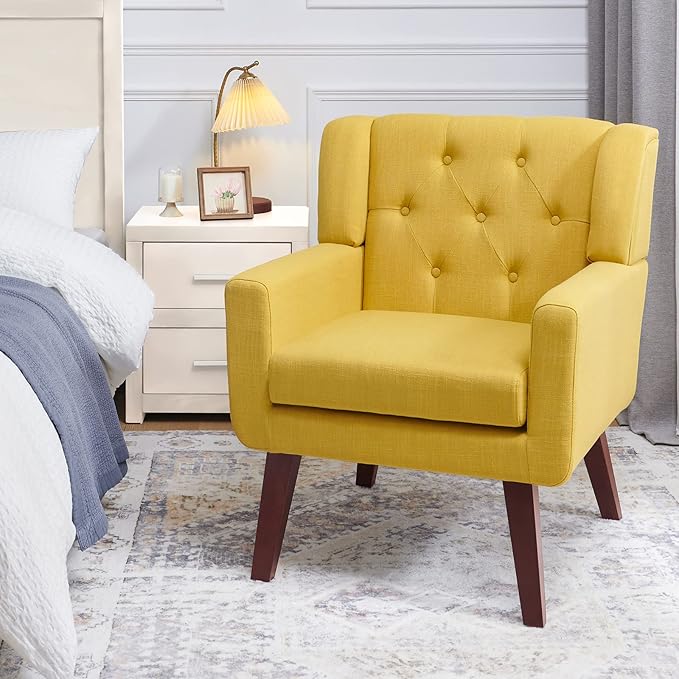Accent Chair Button-Tufted Upholstered Living Room Chairs Comfy Reading Chair Mid Century Modern Chair with Linen Fabric Lounge Arm Chairs for Living Room Bedroom (Yellow)-Ruum Studio Home