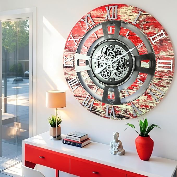 The Gears Clock Real Moving Gear Wall Clock England Line (Red Lava, 24 inches (60 cm))-Ruum Studio Home