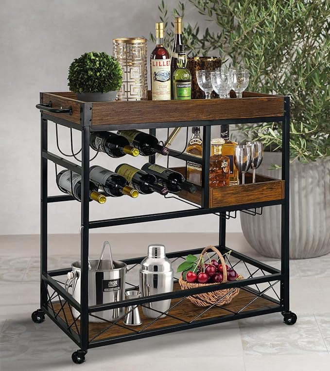 Bar Cart Industrial Kitchen Serving Carts for Home 3 Tier Storage Trolley with Wine Rack Glasses Holder Two Portable Trays Universal Casters with Brakes Rustic Rolling Cart Alcoholic Beverage-Ruum Studio Home