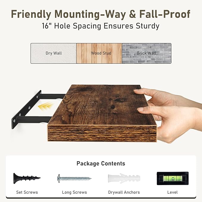Fun Memories 36 x 8 Inch Floating Shelves for Wall, Farmhouse Bathroom Shelves Set of 2, Wood Wall Shelves 36 Inch Long, 36 x 8 x 1.4 Inch, Rustic Brown-Ruum Studio Home