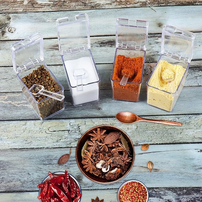 XIUDI Clear Seasoning Rack Spice Pots-4 Pieces Clear Seasoning Storage Container for Spice Salt Sugar Cruet.Acrylic Seasoning Box, Cruet with Cover and Spoon-Ruum Studio Home