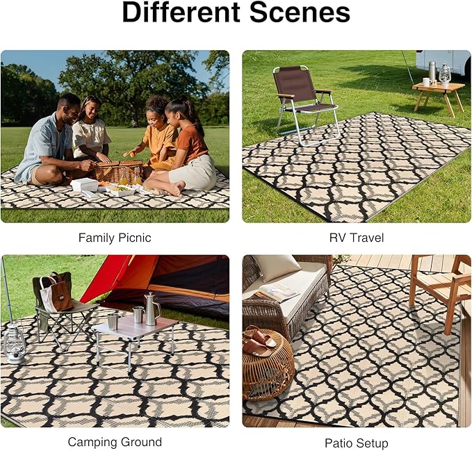 OLANLY Reversible Outdoor Rug 6x9 ft Clearance, Waterproof Outdoor Plastic Straw Rug with Interlacing Pattern, RV Mat for Patio, Camping, Balcony, Deck, Backyard, Black & Beige-Ruum Studio Home