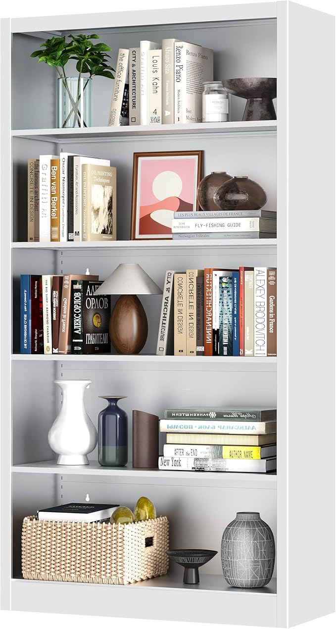 66" Tall Metal Bookcase, 5 Shelf White Bookcase with Adjustable Shelves, Large Bookshelves and Bookcases, Modern Book Shelf Storage Organizer for Living Room, Home Office, Library-Ruum Studio Home