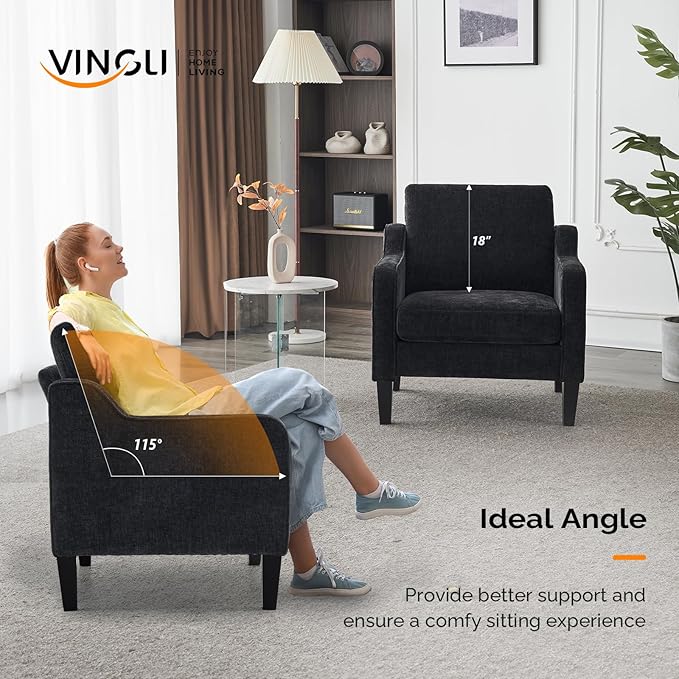 VINGLI Mid Century Modern Accent Chairs, Black Soft Chenille Reading Chair Upholstered Armchair Side Chairs Sofa Couches for Living Room, Bedroom, Apartment-Ruum Studio Home