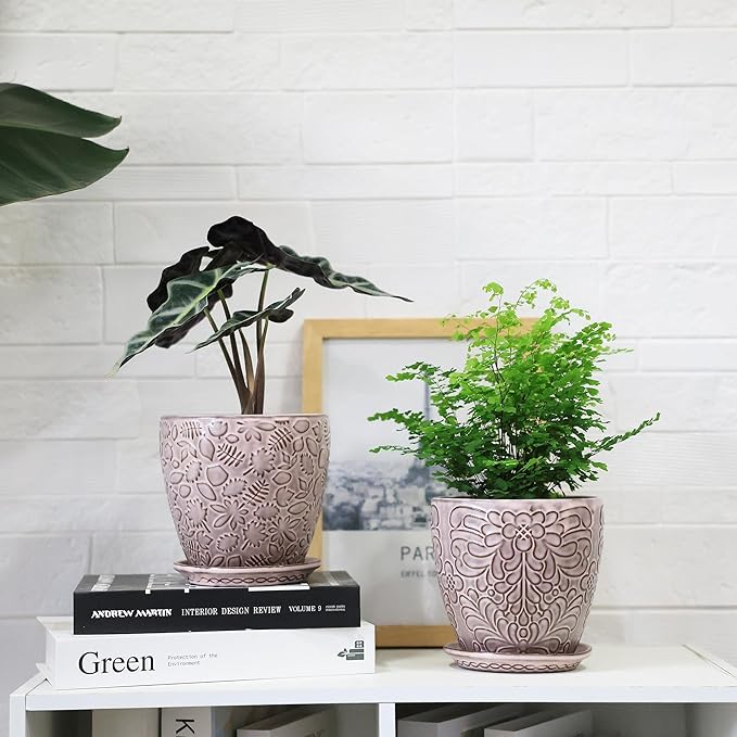 6 Inch Retro Ceramic Planter Set of 2 with Drainage Hole and Saucer for Plants, Indoor-Outdoor Garden Pots for Succulent, Orchid, and Flower (Fits Inner Pots Up to 5 Inches, Retro Peach)-Ruum Studio Home