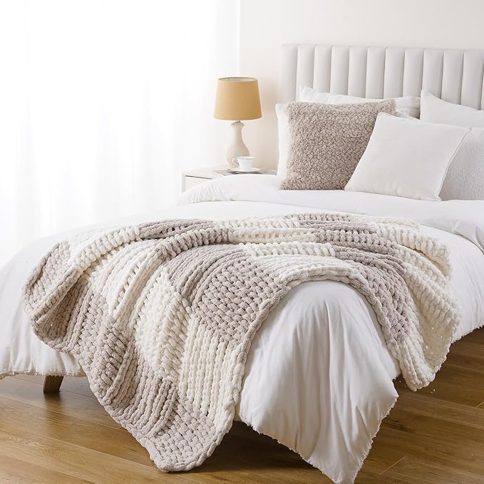 Battilo Chunky Knit Throw Blanket, Soft and Thick Chenille Throw Blanket, 50"x60" Handmade Cable Knit Crochet Blanket, Large Rope Knot Throw Blankets for Couch Sofa Bed Home Decor, Beige & White-Ruum Studio Home