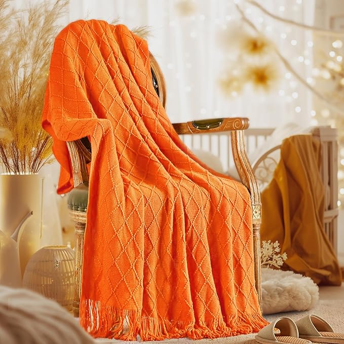 inhand Fall Throw Blanket Burnt Orange for Couch, Soft Living Room Home Decor Knitted Twin Size Blanket, Outdoor Lightweight Breathable Summer Blanket, Farmhouse Warm Woven Decorative, 60"x80"-Ruum Studio Home