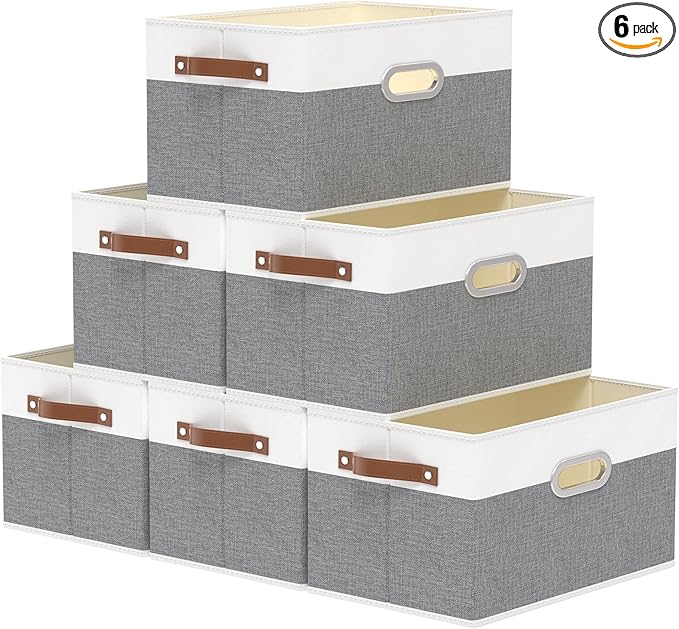 Yawinhe Fabric Storage Bins with Handles, Foldable Baskets for Shelves, Cubes with 3 Handles, Large Boxes for Clothes, White/Grey, 16.9''Lx11.8''Wx10.2''H, 6-Pack-Ruum Studio Home