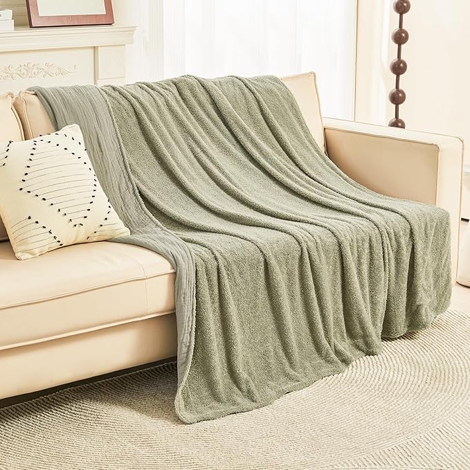 EMME Muslin and Fleece Throw Blanket Reversible - 50"*60" Sage Green Soft Warm Throw Blankets for Couch Bed Picnic Travel Bed-Ruum Studio Home