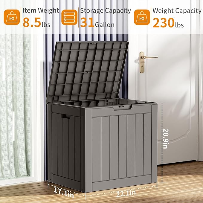 31 Gallon Resin Deck Box, Lockable Patio Outdoor Storage Box for Furniture, Garden Tools and Tools Storage, Waterproof Outside Storage Boxes - Grey-Ruum Studio Home
