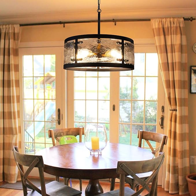 20" Farmhouse Round Black Chandelier, 5-Light Rustic Dining Room Light Fixtures Over Table, Industrial Glass Chandeliers for Dining Kitchen Living Room, Clear Waterglass Drum Shade-Ruum Studio Home