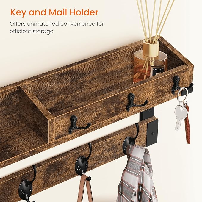 Homode Coat Rack with Shelf, Wall Shelf with Hooks, 26 Inch Long Coat Hanger Wall Mount with Key and Mail Holder, Wood Entryway Shelves for Hanging Hat Jacket Backpack Purse, Rustic Brown Black-Ruum Studio Home
