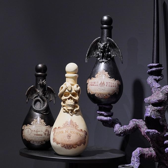 Braxio Halloween Home Decor Potion Bottles - Resin Black Bad Dragon Halloween Potion Bottles Gothic Decor Decorative Bottles Room Decor Aesthetic for Day of The Dead 4.25 * 4.25 * 9.5 Inch-Ruum Studio Home