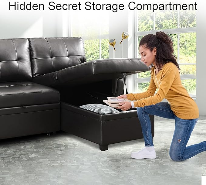 Naomi Home Modern Sectional Sofa with Storage Chaise Black/Air Leather-Ruum Studio Home