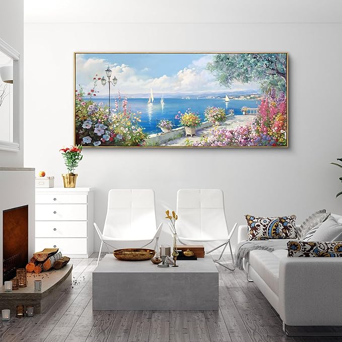 XLSJERST Extra Large Coastal Wall Art - Ocean Seascape Canvas Yellow Green Flowers Painting Landscape Sailboat Picture Artwork Modern Large Framed for Living Room Bedroom Home Office Decor-Ruum Studio Home