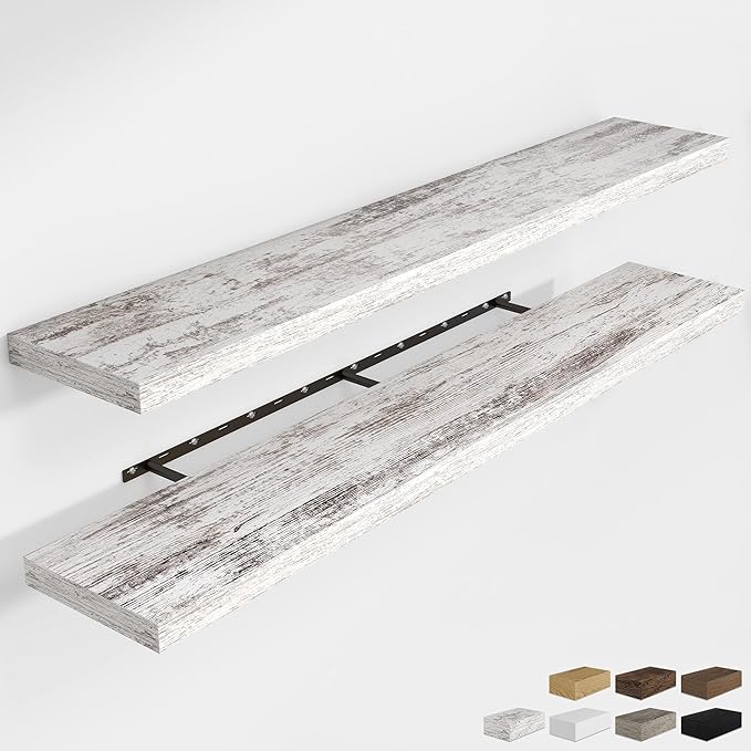 RICHFOCUS 72Inch Floating Shelves for Wall 2 Pack Shelves for Bedroom|Kitchen|Bathroom Wall Mounted Rustic Distressed Wood Floating Shelf with Invisible Brackets for Books|Storage|Decor, Rustic-Ruum Studio Home