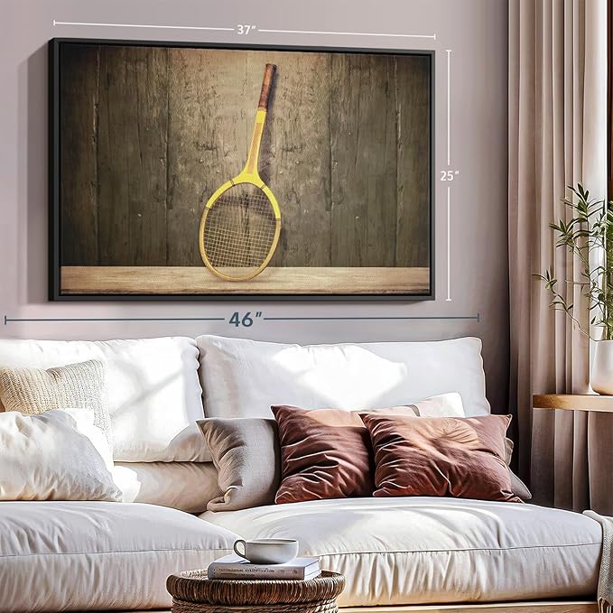 ElephantStock Vintage Tennis Racket Wall Art - Horizontal Framed Canvas - 1-Piece Living Room Wall Decor - Photography Sports Canvas Print - Brown and Black Decor for Wall - 37" X 25"-Ruum Studio Home