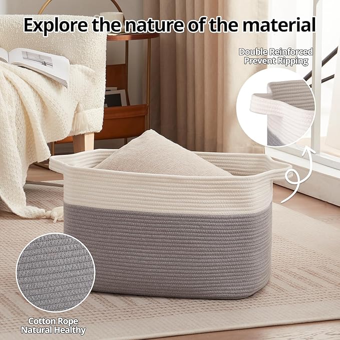 OIAHOMY 65L Blanket Basket, Cotton Rope Woven Blanket storage for Living Room, Rectangle Woven Baskets for Storage, 20''×16''×12'', Grey and White-Ruum Studio Home