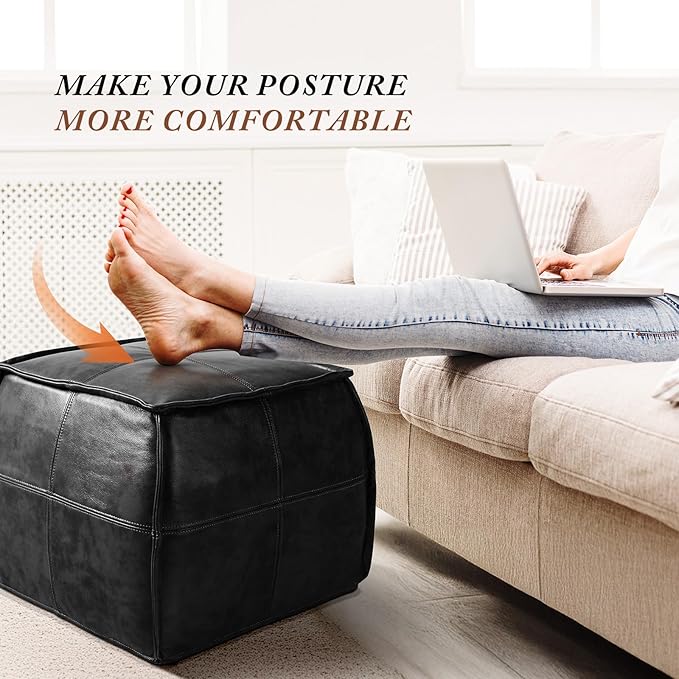 Leather Ottoman,Handmade Stuffed Square Ottoman,Genuine Leather Pouf, Foot Rest Pouf,Comfortable Soft Seating for Living Room & Bedroom (Black, Square)-Ruum Studio Home