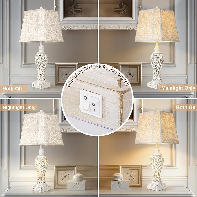 Vintage Table Lamps Set of 2, 28.5'' High Bedside Lamps with Fabric Shade, Farmhouse Nightstand Lamps with USB A+C Ports and Nightlight - Perfect for Living Room Bedroom Office Study (Bulb Included)-Ruum Studio Home