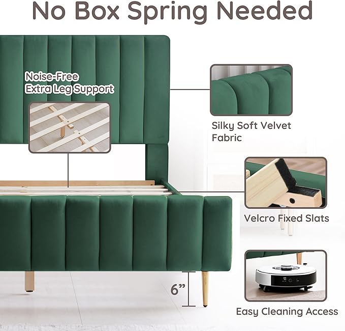 Livinia Full Size Elton Velvet Platform Bed, Upholstered Bed Frame with Vertical Channel Tufted Headboard Footboard, Strong Wood Slats, No Box Spring Needed, Green (Full)-Ruum Studio Home
