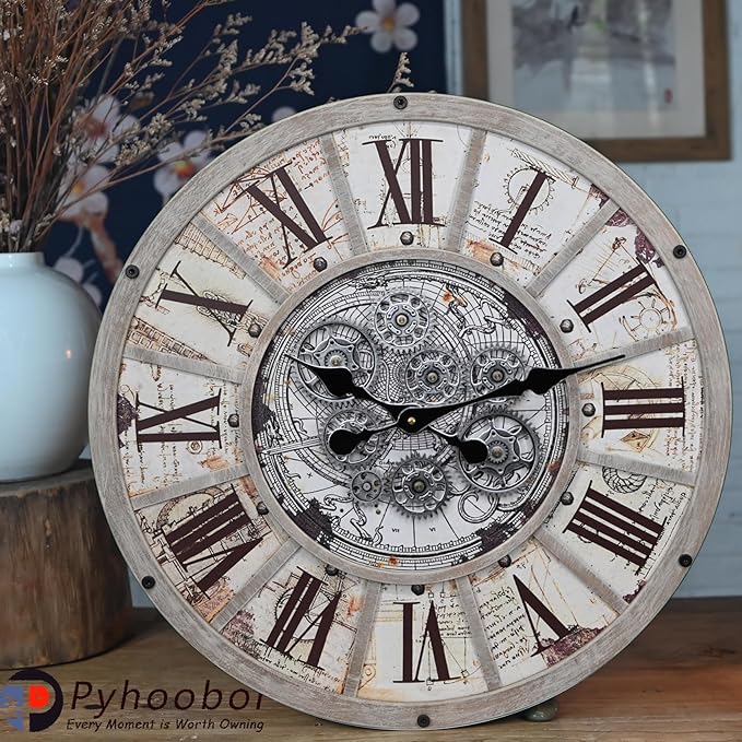 Unique Moving Gear Large Wall Clock 21inch-Battery Powered. Retro Industrial Steampunk Country Farmhouse Decor for The Living Room Kitchen Bars cafes Offices(whith/metal/21)-Ruum Studio Home