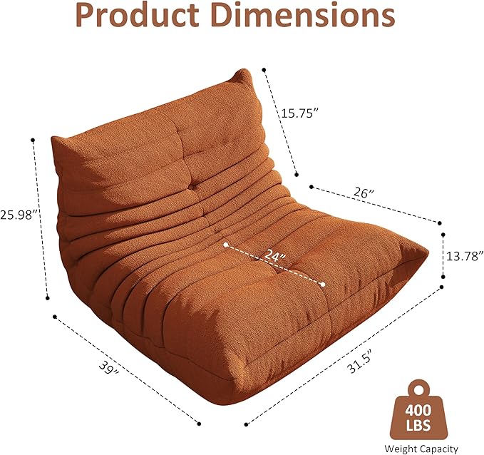 Bean Bag Chair, Oversized Bean Bag Chair for Living Room, Fireside Chair for Adults with Memory Foam Filled, Big Accent Sofa Lounge Floor Sofa for Gaming, Reading, Relax, No Assembly Required(Orange)-Ruum Studio Home