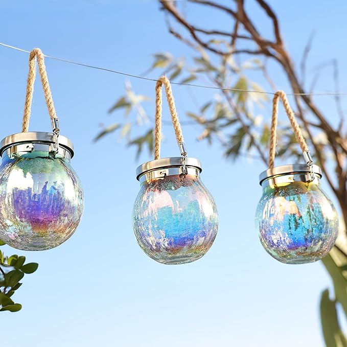 Cooo 2 Pack Solar Lantern Outdoor Waterproof Iridescent Crackle Glass with 215% Larger Solar Panel, Stainless Steel Lid – Rainbow Glass Hanging Light with Cool White LED for Garden Patio Table-Ruum Studio Home