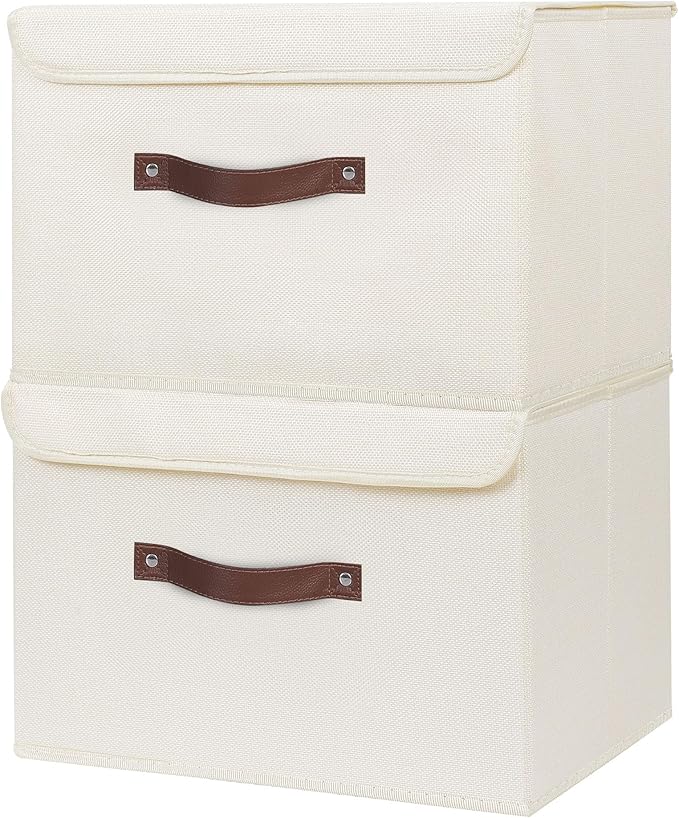 ANMINY 2PCS Storage Bins with Lid PU Leather Handles Storage Boxes PP Plastic Board Decorative Foldable Lidded Cotton Linen Fabric Home Cubes Baskets Closet Organizer Containers - Beige, Large Size-Ruum Studio Home