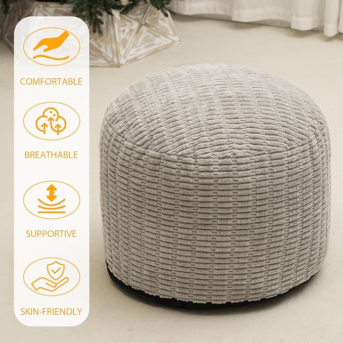 Round Stuffed Pouf Ottoman for Foot Rest, Storage Ottoman Pouf Foot Stool Cushion, Faux Fur Poufs with Foam Chunk Filling, 26 X 18 Inch Floor Chair for Living Room Bedroom Home Decor, Light Gray-Ruum Studio Home