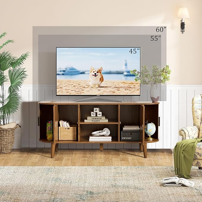 51" Fluted TV Stand, Mid-Century Modern Entertainment Center for Tvs up to 60" with Drawers and Fluted Doors, Curved TV Media Console Table with Sliding Doors for Living Room, Bedroom (51")-Ruum Studio Home
