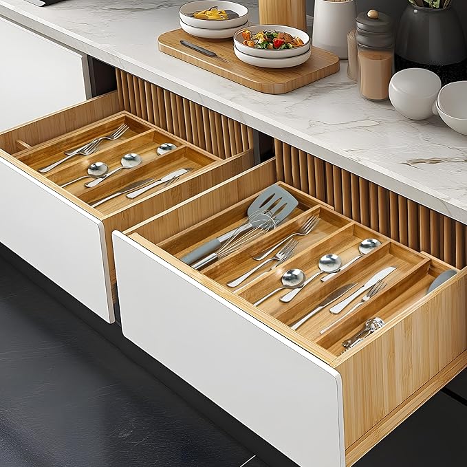 VaeFae Acacia Kitchen Silverware Organizer, Cutlery Drawer Organizer with 5 Compartments, Wooden Utensil Holder for Flatware and Cooking Tools-Ruum Studio Home