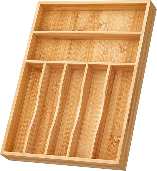 BAMEOS Bamboo Silverware Drawer Organizers, 11.9 inch Utensil Drawer Organizer for Kitchen Drawers, 7 Slots Total Large Flatware Organizer for Knives Cutlery Spoons Forks (Natural)-Ruum Studio Home