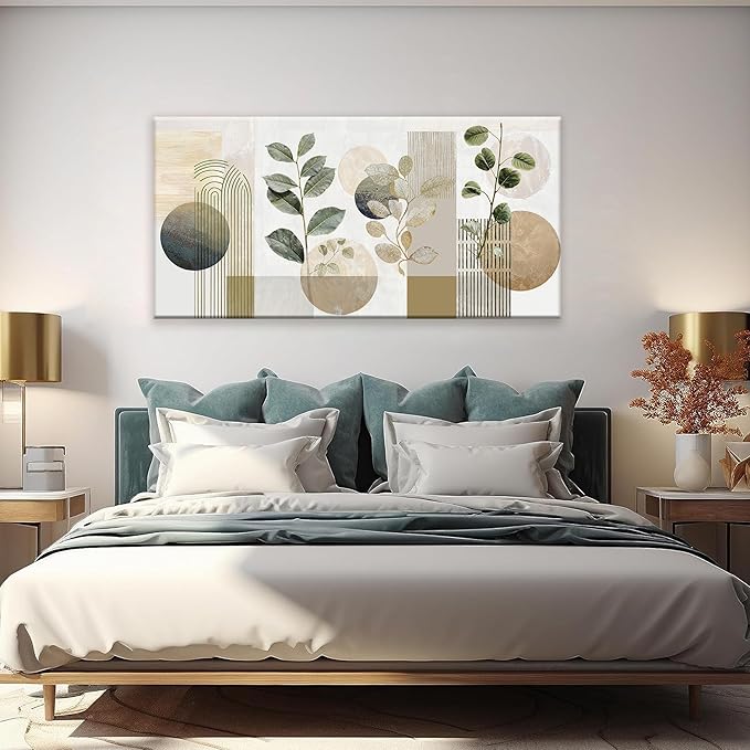 Boho Green Wall Art Mid Century Canvas Wall Art Decor Set Bohemian Abstract Wall Decor Modern Geometric Wall Painting Neutral Botanical Art Print Picture Living Room Bedroom Office Artwork 24"X 48"-Ruum Studio Home