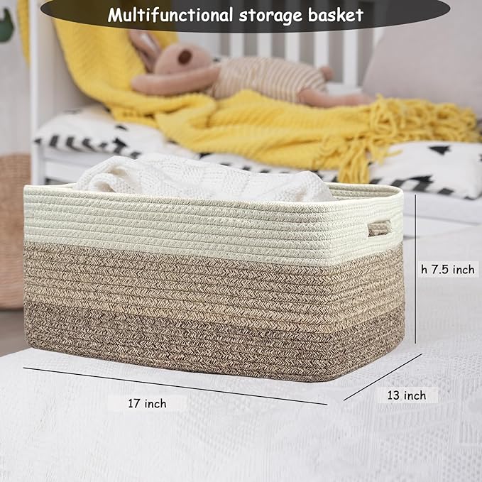 COMFY-HOMI Cotton Rope Woven Basket with Handles for Shelves,Toys,Book, Cloth Storage Baskets for Organizing-17" x 13" x 7.5" Toy Decorative Organizer for Living Room, Bathroom （white/3 brown）-Ruum Studio Home