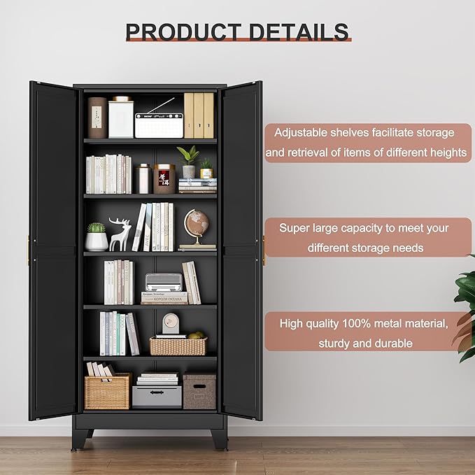 Kitchen Pantry Storage Cabinet with Doors and Adjustable Shelves, Metal ClosetMaid Food Pantry Cabinets, 75" Tall Freestanding Cupboard for Kitchen, Laundry or Utility Room, Black-Ruum Studio Home