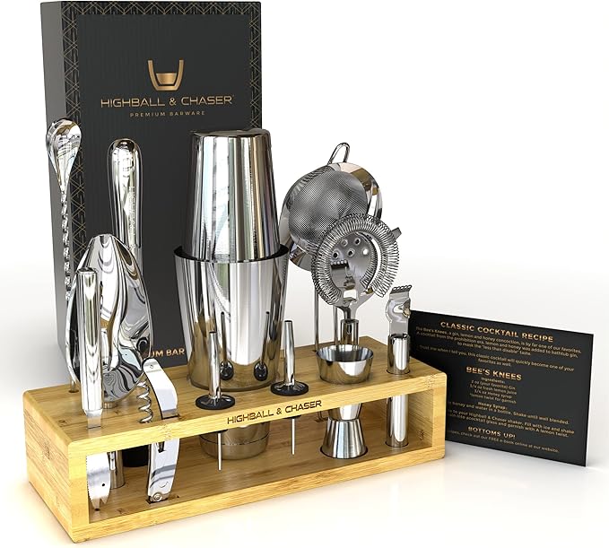 Highball & Chaser 13-Piece Boston Cocktail Shaker Set Stainless Steel Mixology Bartender Kit With Stand For Home Bar Cocktail Set | Laser Engraved Cocktail Tools | Plus E-Book with 30 Cocktail Recipes-Ruum Studio Home