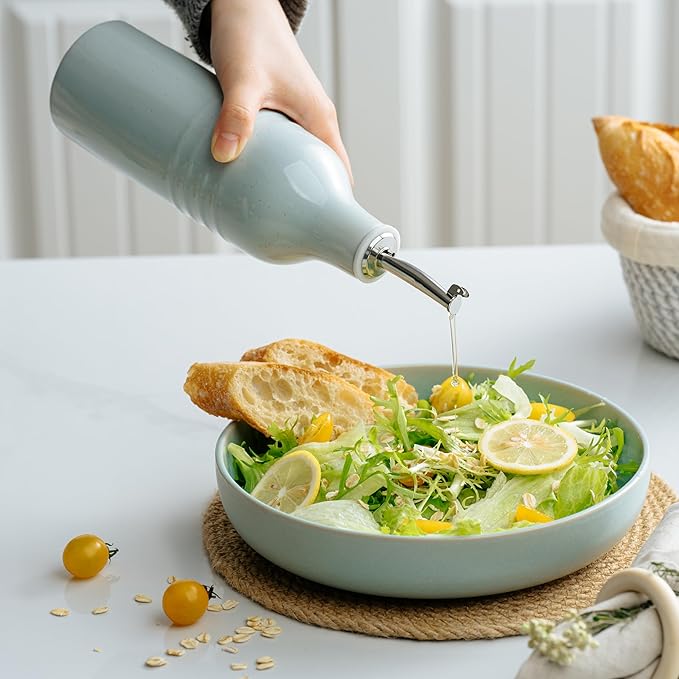 famiware Jupiter 16oz Ceramic Olive Oil Dispenser Bottle, Olive Oil and Vinegar Dispenser Bottle Set of 2 with Stainless Steel Pourers, Suitable for Storage Vinegar, Liquids, Light Blue & Light Pink-Ruum Studio Home