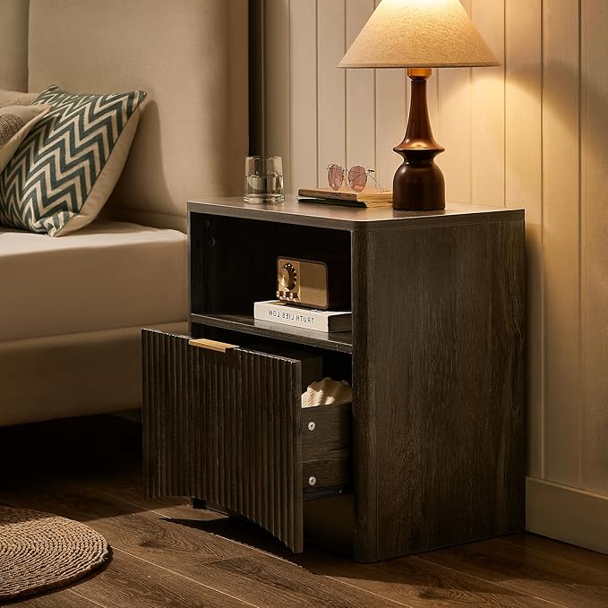 Fluted Nightstand, Dark Grey Bedside Table with Drawer and Storage, Wood End Table Mid Century Modern, Large Night Stand for Bedroom-Ruum Studio Home