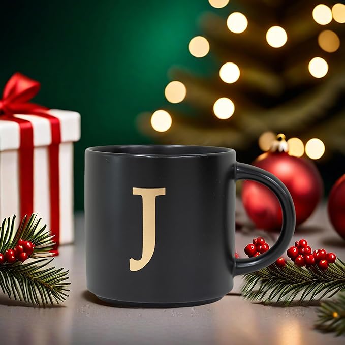 COLLECTIVE HOME - Monogram Ceramic Mugs, 15 oz Golden Initial Black Coffee Cups, Elegant Alphabet Tea Mugs, Elegant Personalized Mug with Gift Box, Unique Mug with Double Side Capital Lette (J)-Ruum Studio Home