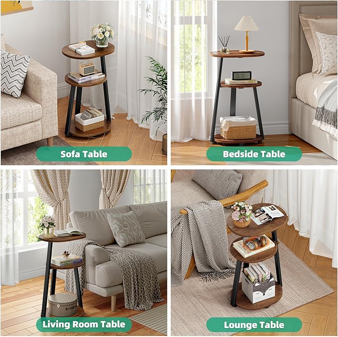 Side Table, Small End Table with Metal Frame, 3-Tier Bedside Tables, Round Side Tables for Living Room Bedroom Couch Bathroom, Oval, Vintage Brown-Ruum Studio Home
