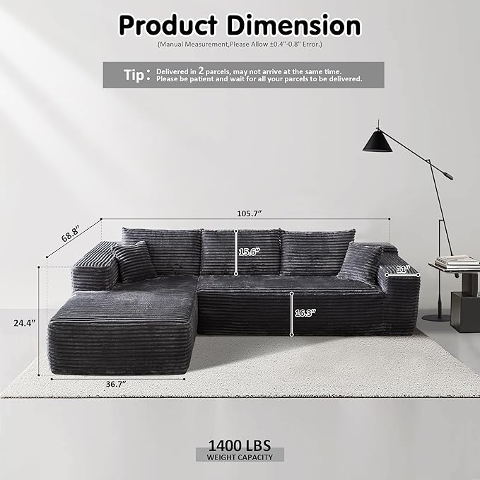 ovios 104" Cloud Sectional Couch with L-Shape Chaise,Modern Modular Sofa with Deep Seat, Upholstered Couches for Living Room Bedroom,No Assembly Required, Grey (Plush Corduroy Fabric)-Ruum Studio Home