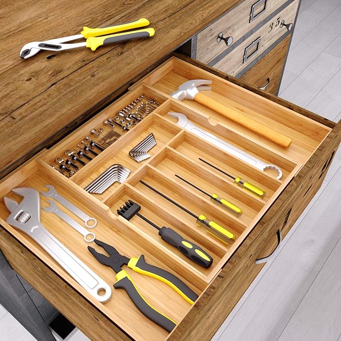 BAMEOS drawer organizer flatware organizer cutlery tray silverware organizer expandable adjustable bamboo drawer organizer kitchen bathroom-Ruum Studio Home