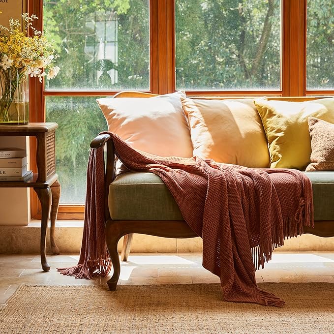 lifein Throw Blanket for Couch, Soft Boho Decor Bed Throw,Cozy Burnt Orange Chenille Knitted Small Farmhouse Lightweight Throw for Spring(Rust,60 * 80")-Ruum Studio Home
