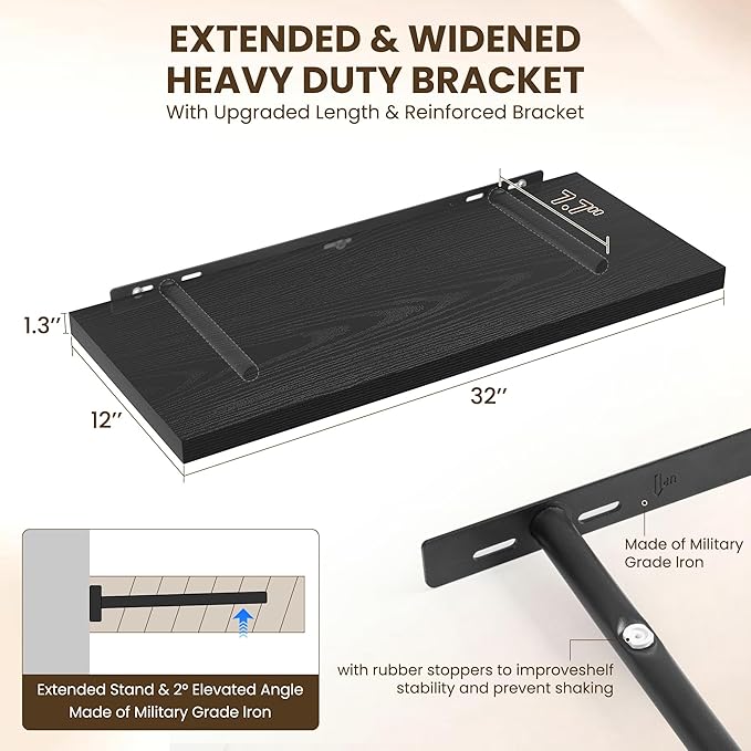 32" Floating Shelves for Wall, 12" Deep Slim Black Floating Shelves, Wall-Mounted Shelves for Bedroom, Living Room, Kitchen, Bathroom - Set of 2-Ruum Studio Home